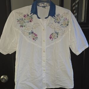 Jane Ashley White and Blue Floral Embroidered Shirt
